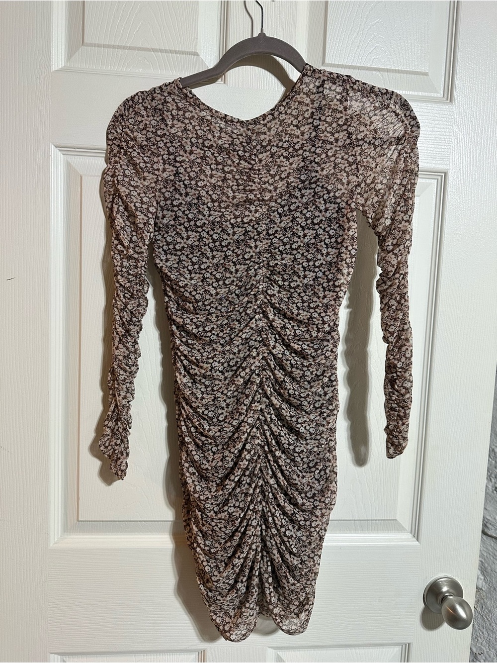Abercrombie & Fitch Brown Floral Ruched Long-Sleeve Bodycon Dress